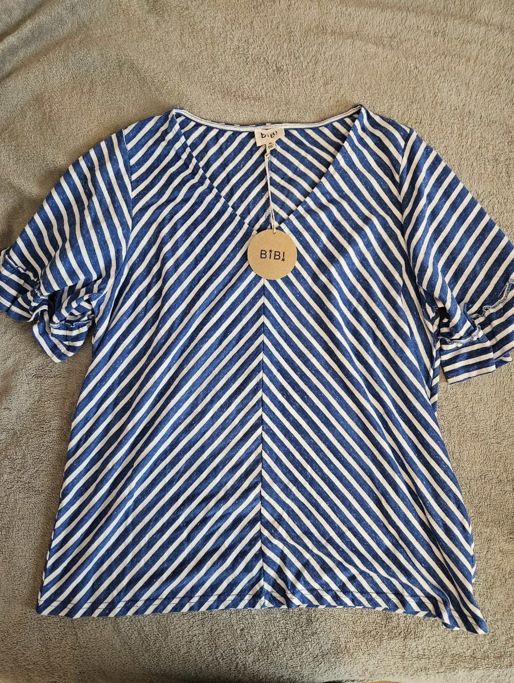 BiBi Blue and White Striped V-Neck Short Sleeve Top